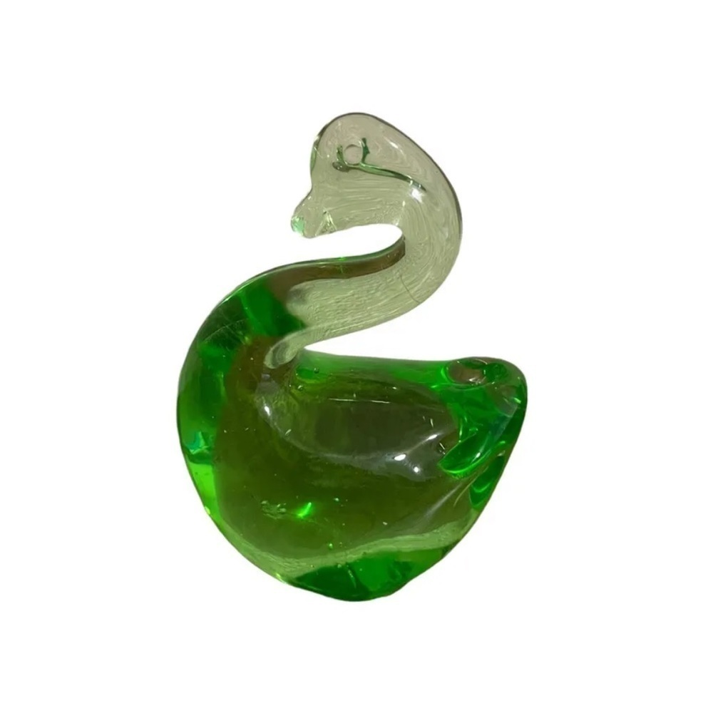 Vintage Green Swan Goose Crude Art Glass Paperweight 4” Tall Bubbles